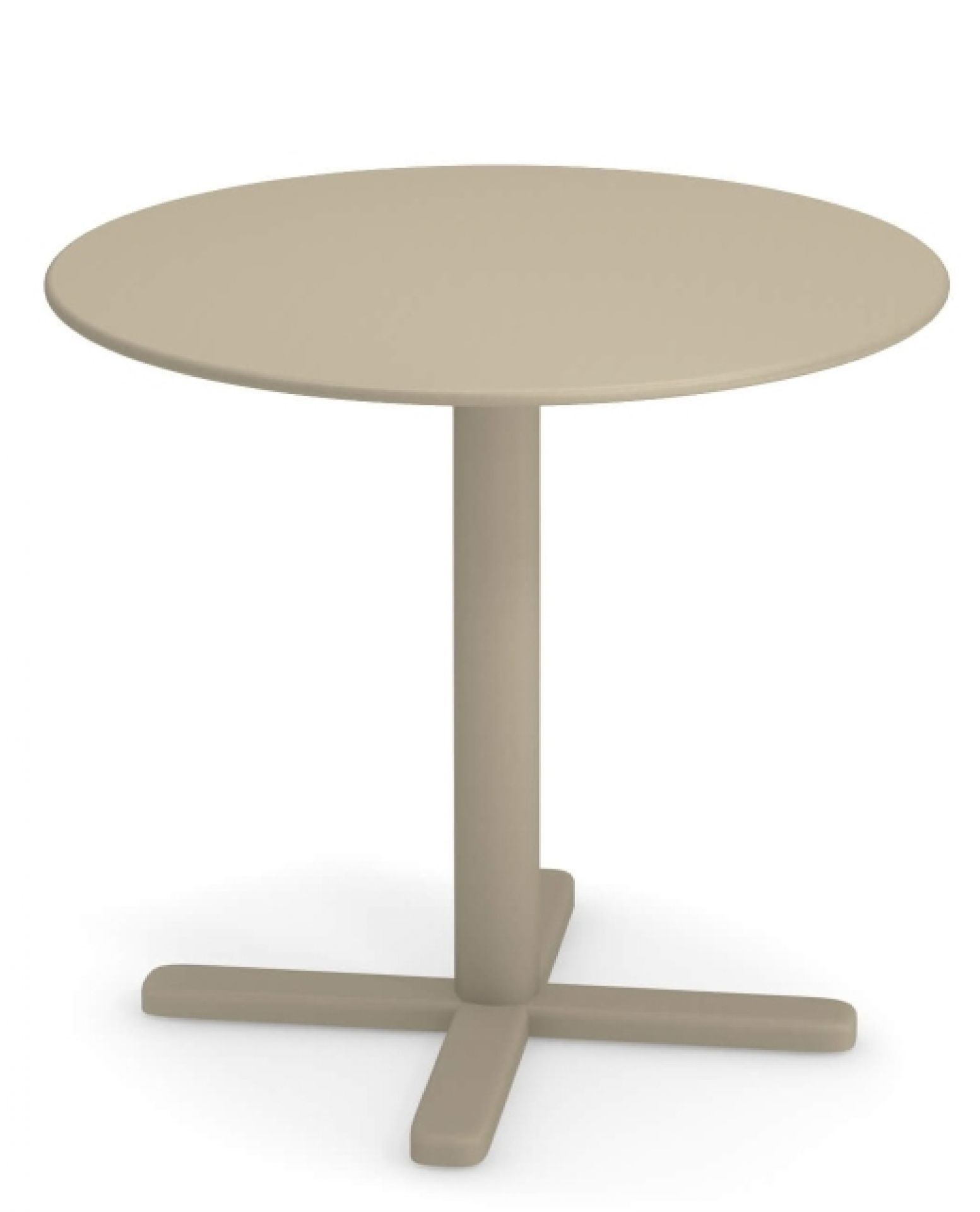 Beiger Emu Darwin Klapptisch mit runder Tischplatte und zentralem Fußkreuz für Garten und Balkon.